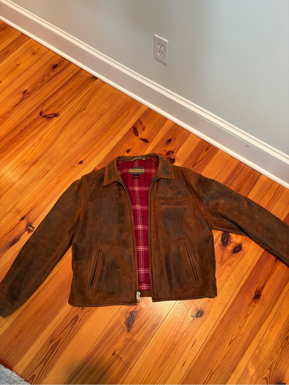 Men's Brown Suede Bomber Jacket with Red Plaid Lining